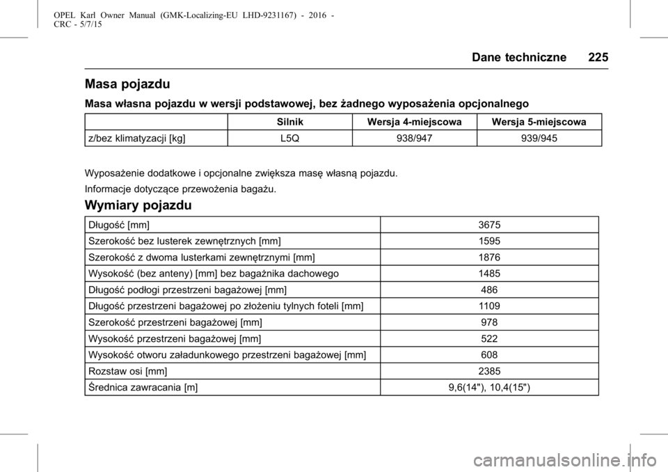 OPEL KARL 2015.75  Instrukcja obsługi (in Polish) OPEL Karl Owner Manual (GMK-Localizing-EU LHD-9231167) - 2016 -
CRC - 5/7/15
Dane techniczne 225
Masa pojazdu
Masa własna pojazdu w wersji podstawowej, bezżadnego wyposażenia opcjonalnego
Silnik We