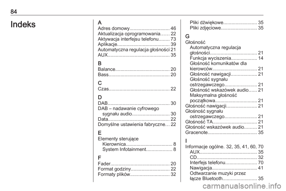 OPEL MERIVA 2016.5 Instrukcja obsługi systemu audio-nawigacyjnego (in Polish) 84IndeksAAdres domowy .............................. 46
Aktualizacja oprogramowania ......22
Aktywacja interfejsu telefonu ........73
Aplikacje ....................................... 39
Automatyczna OPEL MERIVA 2016.5 Instrukcja obsługi systemu audio-nawigacyjnego (in Polish) 84IndeksAAdres domowy .............................. 46
Aktualizacja oprogramowania ......22
Aktywacja interfejsu telefonu ........73
Aplikacje ....................................... 39
Automatyczna