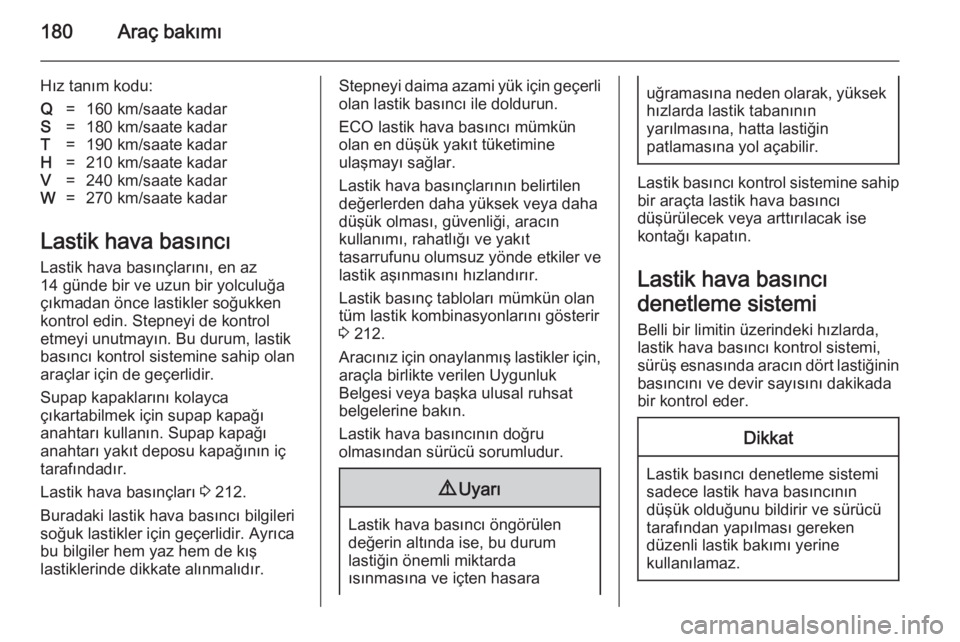 OPEL ANTARA 2014.5  Sürücü El Kitabı (in Turkish) 180Araç bakımı
Hız tanım kodu:Q=160 km/saate kadarS=180 km/saate kadarT=190 km/saate kadarH=210 km/saate kadarV=240 km/saate kadarW=270 km/saate kadar
Lastik hava basıncı
Lastik hava basınçla