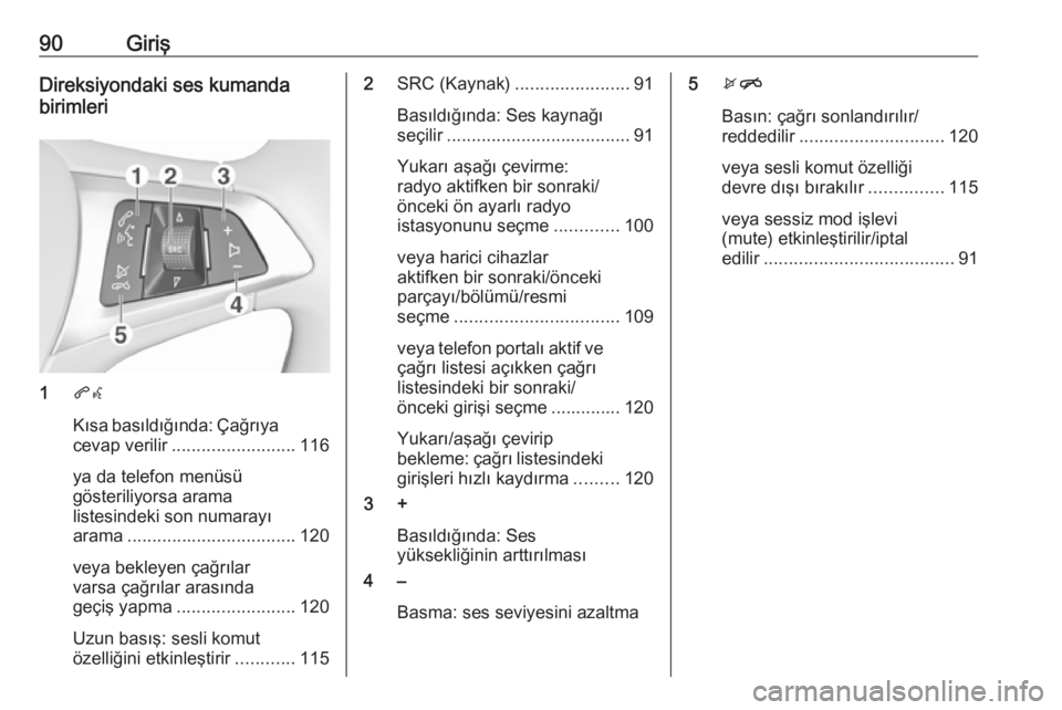 OPEL ASTRA K 2016.5  Bilgi ve Eğlence Sistemi Kılavuzu (in Turkish) 90GirişDireksiyondaki ses kumanda
birimleri
1 qw
Kısa basıldığında: Çağrıya
cevap verilir ......................... 116
ya da telefon menüsü
gösteriliyorsa arama
listesindeki son numarayı