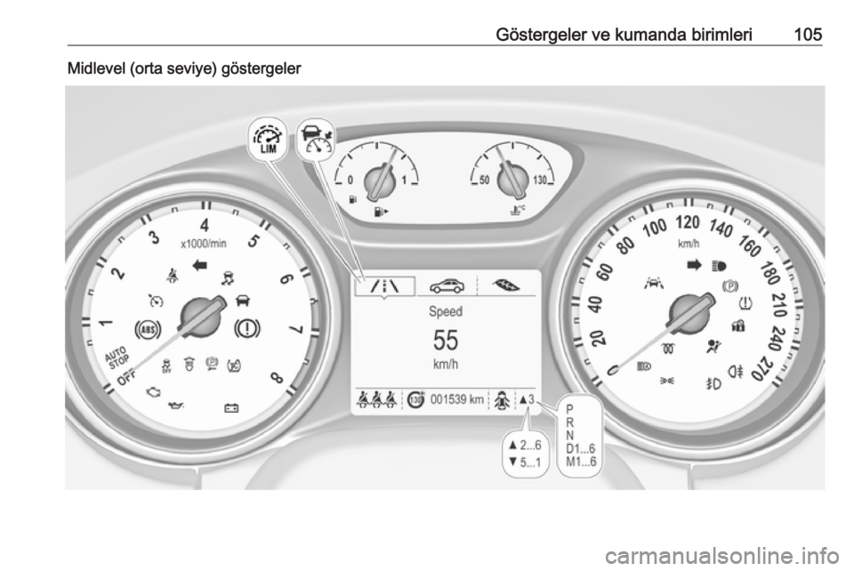OPEL ASTRA K 2017.5  Sürücü El Kitabı (in Turkish) Göstergeler ve kumanda birimleri105Midlevel (orta seviye) göstergeler 