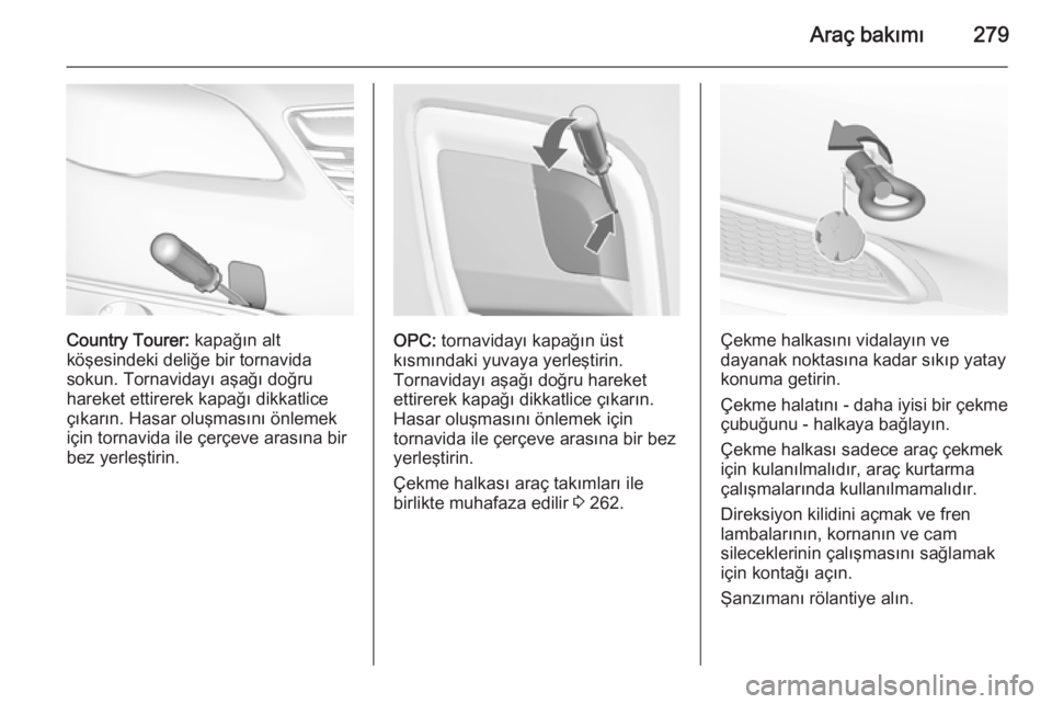 OPEL INSIGNIA 2015.5  Sürücü El Kitabı (in Turkish) Araç bakımı279
Country Tourer: kapağın alt
köşesindeki deliğe bir tornavida
sokun. Tornavidayı aşağı doğru
hareket ettirerek kapağı dikkatlice
çıkarın. Hasar oluşmasını önlemek i