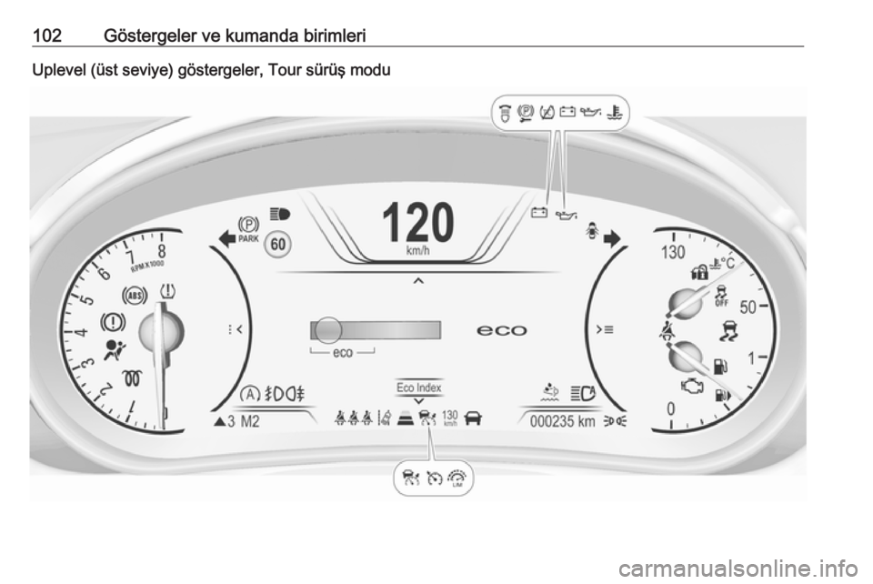 OPEL INSIGNIA 2016.5  Sürücü El Kitabı (in Turkish) 102Göstergeler ve kumanda birimleriUplevel (üst seviye) göstergeler, Tour sürüş modu 