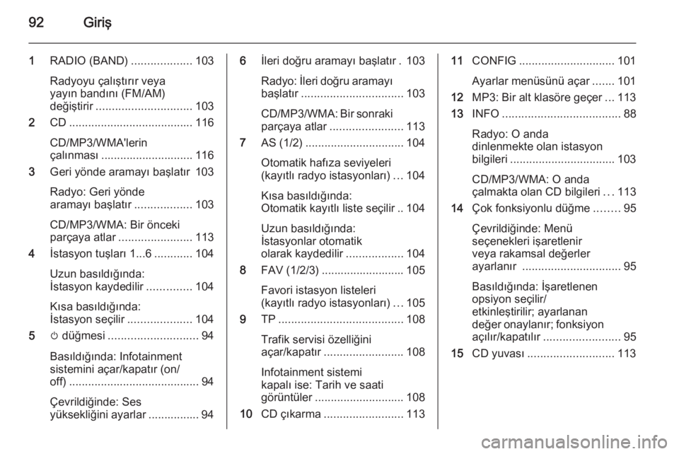 OPEL MERIVA 2015  Bilgi ve Eğlence Sistemi Kılavuzu (in Turkish) 92Giriş
1RADIO (BAND) ...................103
Radyoyu çalıştırır veya
yayın bandını (FM/AM)
değiştirir .............................. 103
2 CD....................................... 116
CD/M
