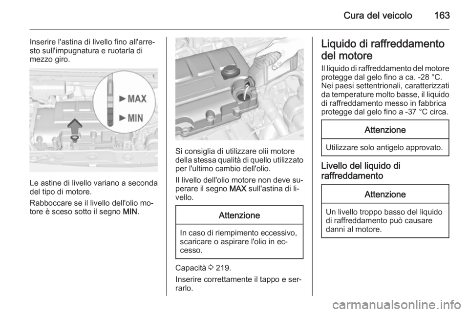 OPEL ADAM 2014  Manuale di uso e manutenzione (in Italian) Cura del veicolo163
Inserire l'astina di livello fino all'arre‐
sto sull'impugnatura e ruotarla di
mezzo giro.
Le astine di livello variano a seconda
del tipo di motore.
Rabboccare se il