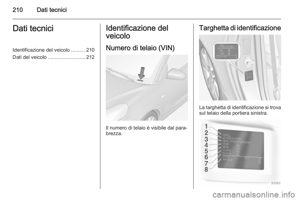 OPEL ADAM 2014  Manuale di uso e manutenzione (in Italian) 210Dati tecniciDati tecniciIdentificazione del veicolo..........210
Dati del veicolo .......................... 212Identificazione del
veicolo
Numero di telaio (VIN)
Il numero di telaio è visibile da
