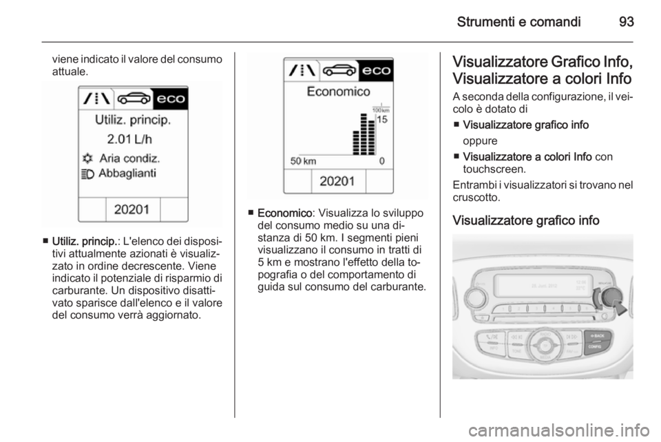 OPEL ADAM 2014  Manuale di uso e manutenzione (in Italian) Strumenti e comandi93
viene indicato il valore del consumo
attuale.
■ Utiliz. princip. : L'elenco dei disposi‐
tivi attualmente azionati è visualiz‐
zato in ordine decrescente. Viene
indica