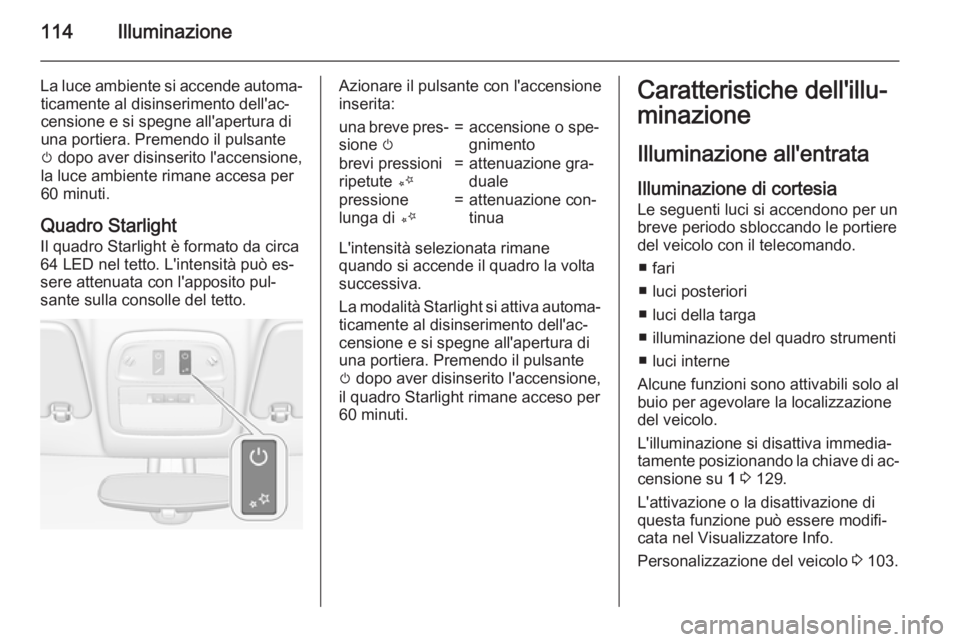 OPEL ADAM 2015 Manuale di uso e manutenzione (in Italian) 114Illuminazione
La luce ambiente si accende automa‐ticamente al disinserimento dell'ac‐
censione e si spegne all'apertura di
una portiera. Premendo il pulsante
m dopo aver disinserito l& OPEL ADAM 2015 Manuale di uso e manutenzione (in Italian) 114Illuminazione
La luce ambiente si accende automa‐ticamente al disinserimento dell'ac‐
censione e si spegne all'apertura di
una portiera. Premendo il pulsante
m dopo aver disinserito l&