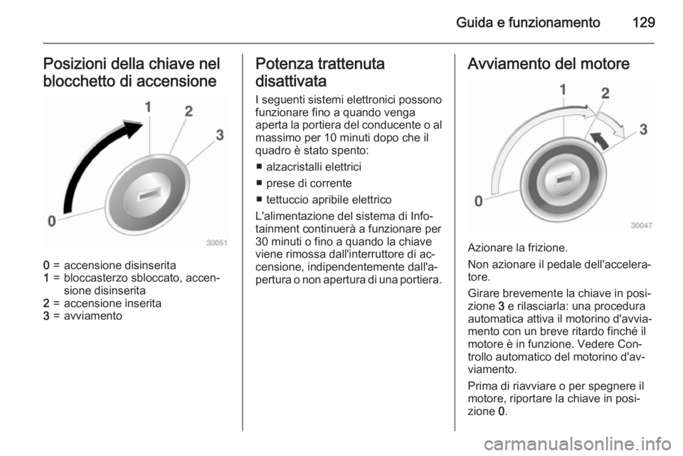 OPEL ADAM 2015 Manuale di uso e manutenzione (in Italian) Guida e funzionamento129Posizioni della chiave nel
blocchetto di accensione0=accensione disinserita1=bloccasterzo sbloccato, accen‐
sione disinserita2=accensione inserita3=avviamentoPotenza trattenu OPEL ADAM 2015 Manuale di uso e manutenzione (in Italian) Guida e funzionamento129Posizioni della chiave nel
blocchetto di accensione0=accensione disinserita1=bloccasterzo sbloccato, accen‐
sione disinserita2=accensione inserita3=avviamentoPotenza trattenu