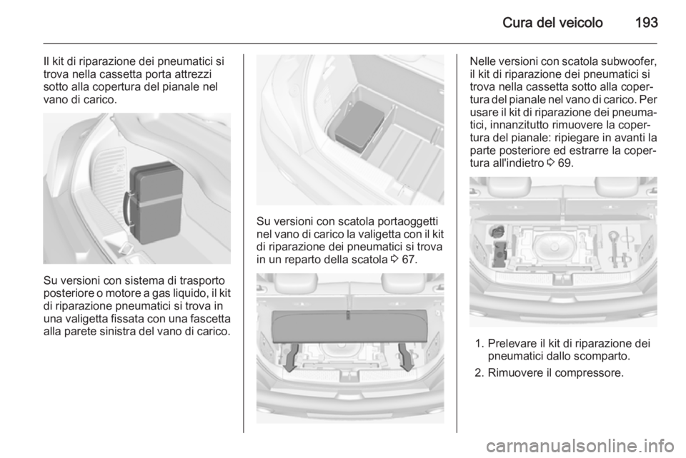 OPEL ADAM 2015  Manuale di uso e manutenzione (in Italian) Cura del veicolo193
Il kit di riparazione dei pneumatici si
trova nella cassetta porta attrezzi
sotto alla copertura del pianale nel vano di carico.
Su versioni con sistema di trasporto
posteriore o m