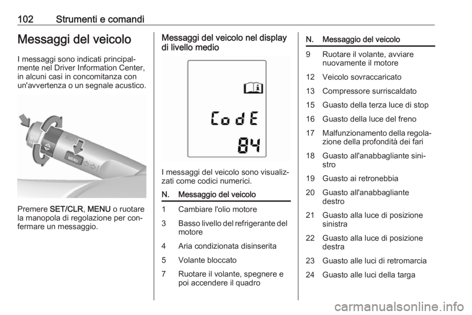OPEL ADAM 2016.5  Manuale di uso e manutenzione (in Italian) 102Strumenti e comandiMessaggi del veicoloI messaggi sono indicati principal‐
mente nel Driver Information Center,
in alcuni casi in concomitanza con
un'avvertenza o un segnale acustico.
Premere