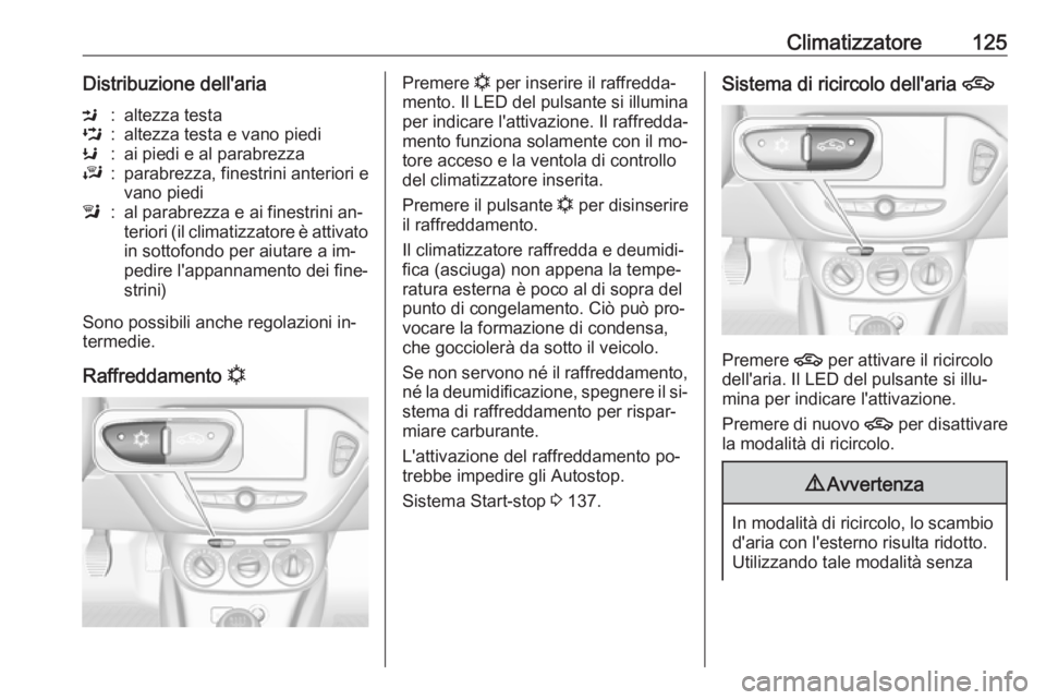 OPEL ADAM 2016.5  Manuale di uso e manutenzione (in Italian) Climatizzatore125Distribuzione dell'ariaM:altezza testaL:altezza testa e vano piediK:ai piedi e al parabrezzaJ:parabrezza, finestrini anteriori e
vano piedil:al parabrezza e ai finestrini an‐
te