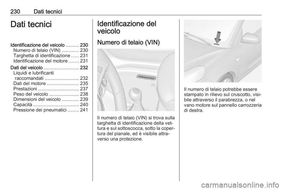 OPEL ADAM 2016.5  Manuale di uso e manutenzione (in Italian) 230Dati tecniciDati tecniciIdentificazione del veicolo..........230
Numero di telaio (VIN) .............230
Targhetta di identificazione .....231
Identificazione del motore .......231
Dati del veicolo