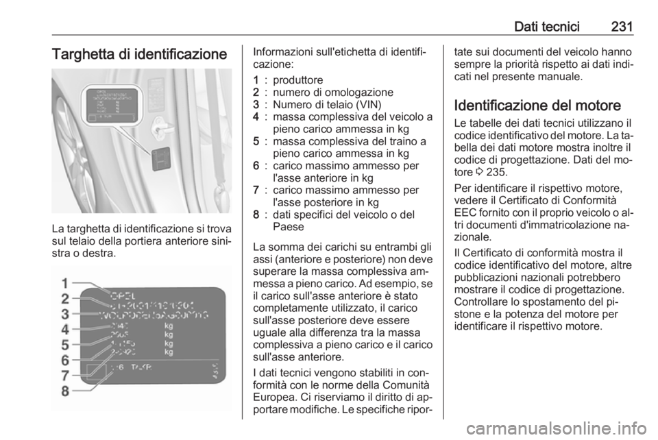 OPEL ADAM 2016.5  Manuale di uso e manutenzione (in Italian) Dati tecnici231Targhetta di identificazione
La targhetta di identificazione si trovasul telaio della portiera anteriore sini‐
stra o destra.
Informazioni sull'etichetta di identifi‐
cazione:1: