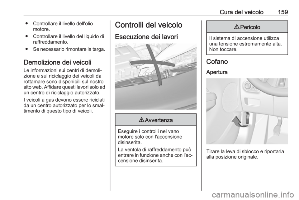 OPEL ADAM 2019  Manuale di uso e manutenzione (in Italian) Cura del veicolo159● Controllare il livello dell'oliomotore.
● Controllare il livello del liquido di raffreddamento.
● Se necessario rimontare la targa.
Demolizione dei veicoli
Le informazio
