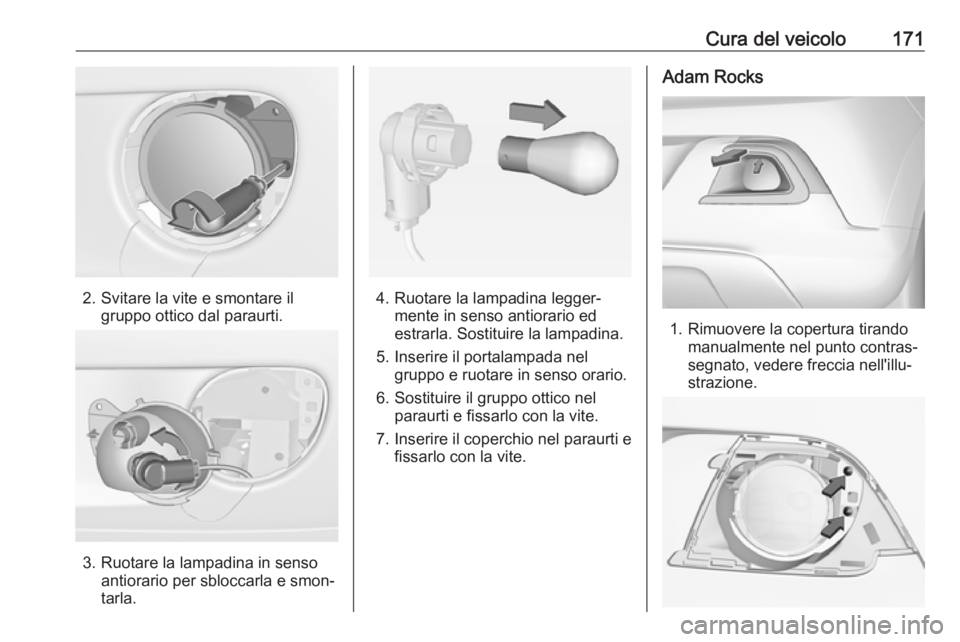 OPEL ADAM 2019  Manuale di uso e manutenzione (in Italian) Cura del veicolo171
2. Svitare la vite e smontare ilgruppo ottico dal paraurti.
3. Ruotare la lampadina in senso antiorario per sbloccarla e smon‐
tarla.
4. Ruotare la lampadina legger‐ mente in s