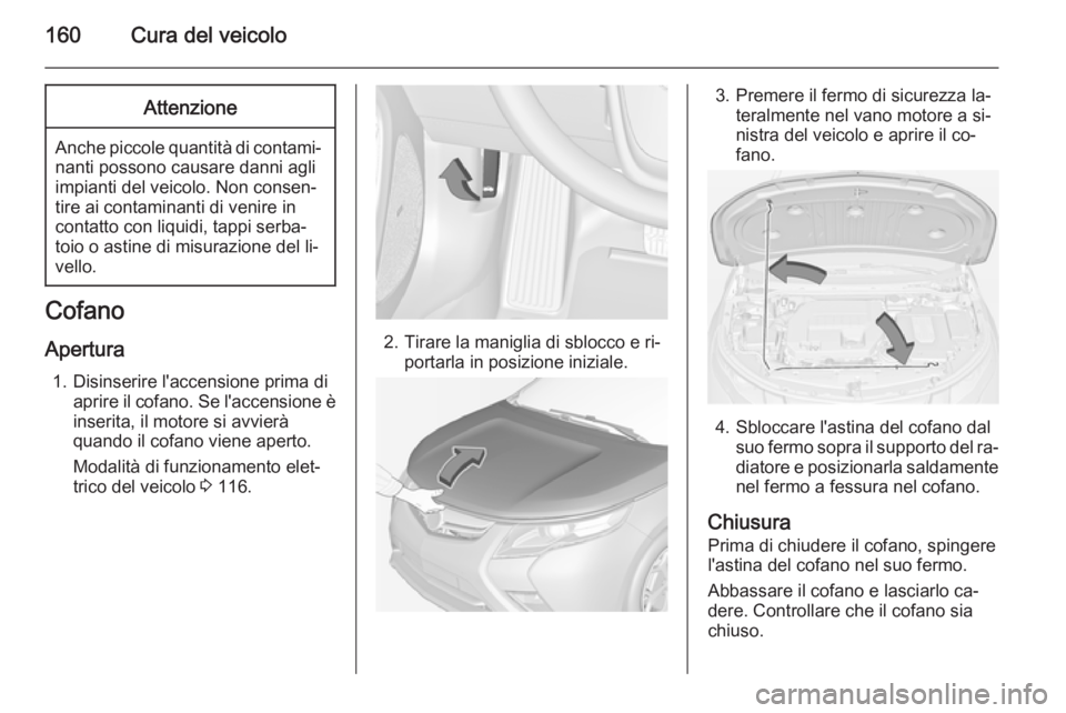 OPEL AMPERA 2015  Manuale di uso e manutenzione (in Italian) 160Cura del veicoloAttenzione
Anche piccole quantità di contami‐nanti possono causare danni agli
impianti del veicolo. Non consen‐
tire ai contaminanti di venire in
contatto con liquidi, tappi se