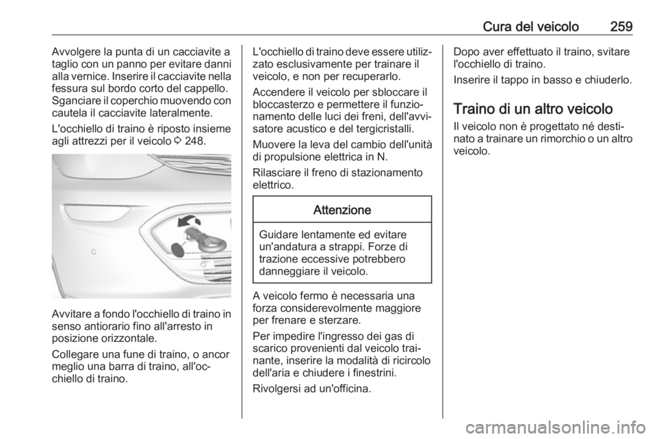 OPEL AMPERA E 2018 Manuale di uso e manutenzione (in Italian) Cura del veicolo259Avvolgere la punta di un cacciavite ataglio con un panno per evitare danni
alla vernice. Inserire il cacciavite nella fessura sul bordo corto del cappello.
Sganciare il coperchio mu OPEL AMPERA E 2018 Manuale di uso e manutenzione (in Italian) Cura del veicolo259Avvolgere la punta di un cacciavite ataglio con un panno per evitare danni
alla vernice. Inserire il cacciavite nella fessura sul bordo corto del cappello.
Sganciare il coperchio mu