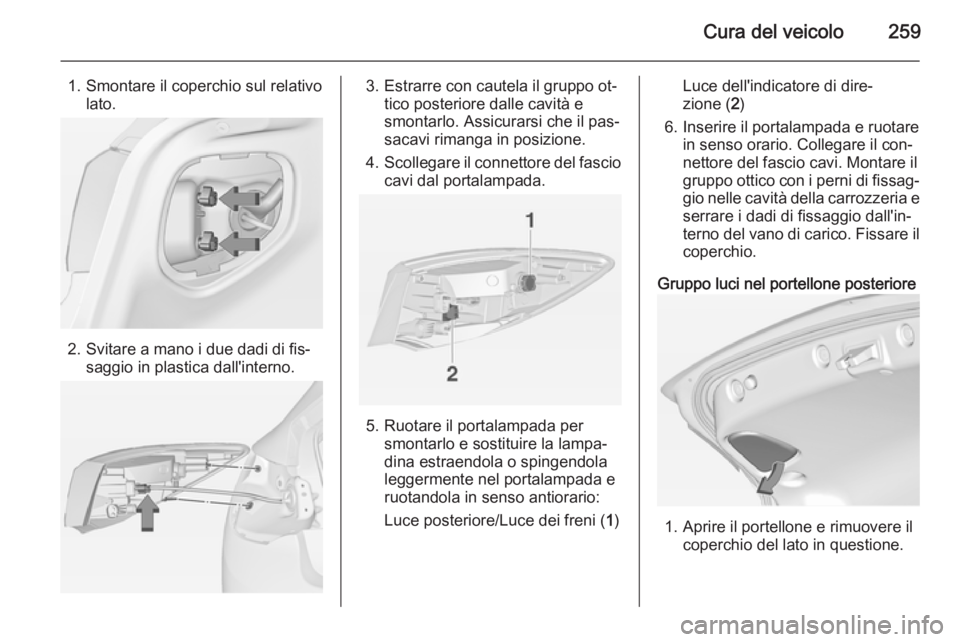 OPEL ASTRA J 2014  Manuale di uso e manutenzione (in Italian) Cura del veicolo259
1. Smontare il coperchio sul relativolato.
2. Svitare a mano i due dadi di fis‐ saggio in plastica dall'interno.
3. Estrarre con cautela il gruppo ot‐tico posteriore dalle 