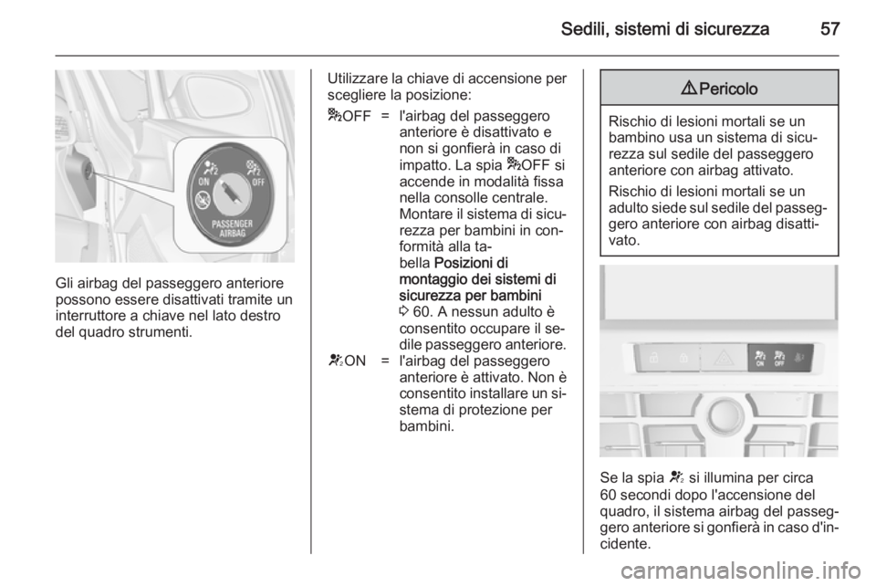 OPEL ASTRA J 2014 Manuale di uso e manutenzione (in Italian) Sedili, sistemi di sicurezza57
Gli airbag del passeggero anteriore
possono essere disattivati tramite un
interruttore a chiave nel lato destro
del quadro strumenti.
Utilizzare la chiave di accensione OPEL ASTRA J 2014 Manuale di uso e manutenzione (in Italian) Sedili, sistemi di sicurezza57
Gli airbag del passeggero anteriore
possono essere disattivati tramite un
interruttore a chiave nel lato destro
del quadro strumenti.
Utilizzare la chiave di accensione