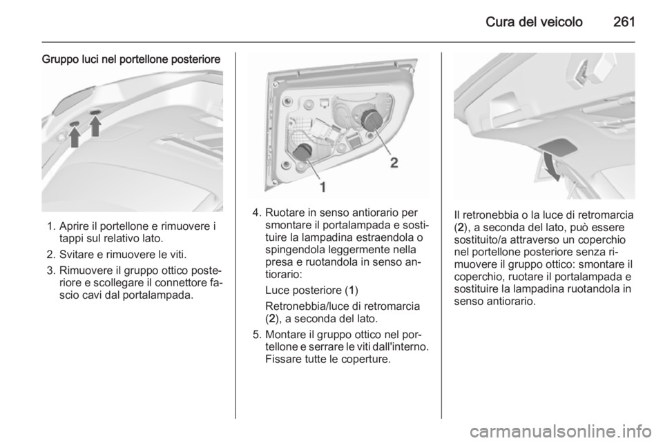 OPEL ASTRA J 2015.5  Manuale di uso e manutenzione (in Italian) Cura del veicolo261
Gruppo luci nel portellone posteriore
1. Aprire il portellone e rimuovere itappi sul relativo lato.
2. Svitare e rimuovere le viti.
3. Rimuovere il gruppo ottico poste‐ riore e s