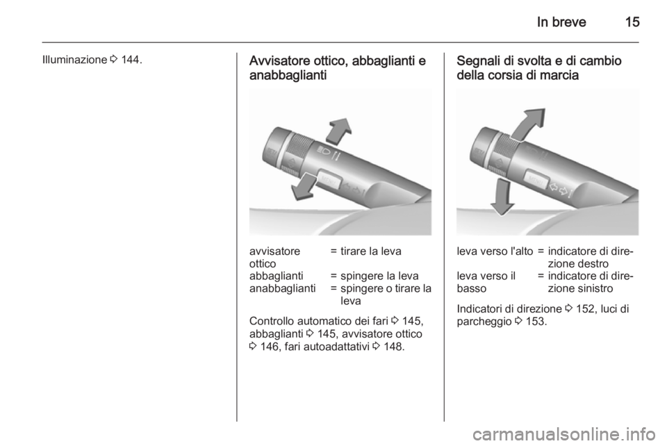 OPEL ASTRA J 2015.75  Manuale di uso e manutenzione (in Italian) In breve15
Illuminazione 3 144.Avvisatore ottico, abbaglianti e
anabbagliantiavvisatore
ottico=tirare la levaabbaglianti=spingere la levaanabbaglianti=spingere o tirare la
leva
Controllo automatico de