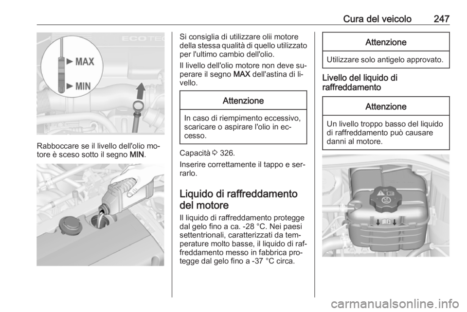 OPEL ASTRA J 2016  Manuale di uso e manutenzione (in Italian) Cura del veicolo247
Rabboccare se il livello dell'olio mo‐
tore è sceso sotto il segno  MIN.
Si consiglia di utilizzare olii motore
della stessa qualità di quello utilizzato per l'ultimo c