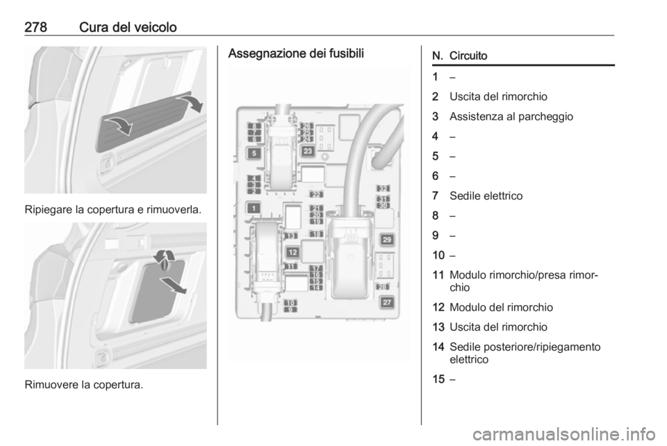 OPEL ASTRA J 2016.5  Manuale di uso e manutenzione (in Italian) 278Cura del veicolo
Ripiegare la copertura e rimuoverla.
Rimuovere la copertura.
Assegnazione dei fusibiliN.Circuito1–2Uscita del rimorchio3Assistenza al parcheggio4–5–6–7Sedile elettrico8–9