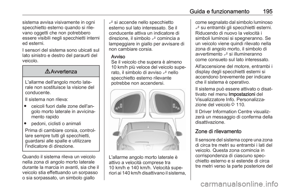 OPEL ASTRA J 2017 Manuale di uso e manutenzione (in Italian) Guida e funzionamento195sistema avvisa visivamente in ognispecchietto esterno quando si rile‐
vano oggetti che non potrebbero
essere visibili negli specchietti interni
ed esterni.
I sensori del sist OPEL ASTRA J 2017 Manuale di uso e manutenzione (in Italian) Guida e funzionamento195sistema avvisa visivamente in ognispecchietto esterno quando si rile‐
vano oggetti che non potrebbero
essere visibili negli specchietti interni
ed esterni.
I sensori del sist