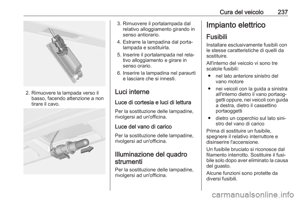 OPEL ASTRA J 2017 Manuale di uso e manutenzione (in Italian) Cura del veicolo237
2. Rimuovere la lampada verso ilbasso, facendo attenzione a non
tirare il cavo.
3. Rimuovere il portalampada dal relativo alloggiamento girando in
senso antiorario.
4. Estrarre la OPEL ASTRA J 2017 Manuale di uso e manutenzione (in Italian) Cura del veicolo237
2. Rimuovere la lampada verso ilbasso, facendo attenzione a non
tirare il cavo.
3. Rimuovere il portalampada dal relativo alloggiamento girando in
senso antiorario.
4. Estrarre la