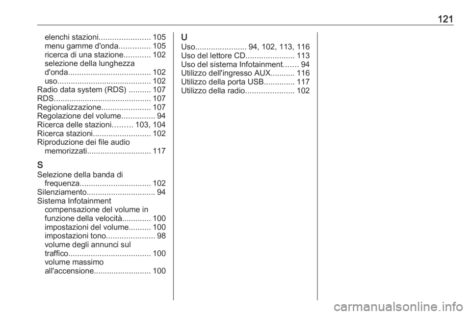 OPEL ASTRA J 2018  Manuale del sistema Infotainment (in Italian) 121elenchi stazioni....................... 105
menu gamme d'onda ..............105
ricerca di una stazione ............102
selezione della lunghezza
d'onda ....................................