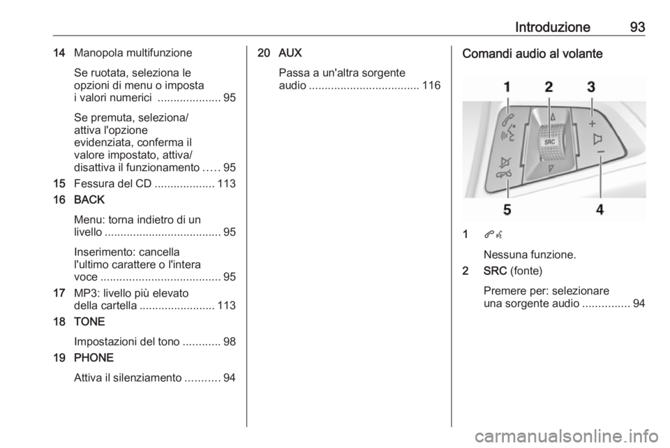 OPEL ASTRA J 2018.5  Manuale del sistema Infotainment (in Italian) Introduzione9314Manopola multifunzione
Se ruotata, seleziona le
opzioni di menu o imposta
i valori numerici  ....................95
Se premuta, seleziona/
attiva l'opzione
evidenziata, conferma il