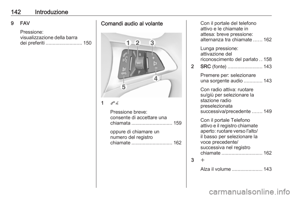 OPEL ASTRA K 2016  Manuale del sistema Infotainment (in Italian) 142Introduzione9 FAVPressione:
visualizzazione della barra
dei preferiti .......................... 150Comandi audio al volante
1qw
Pressione breve:
consente di accettare una
chiamata ................