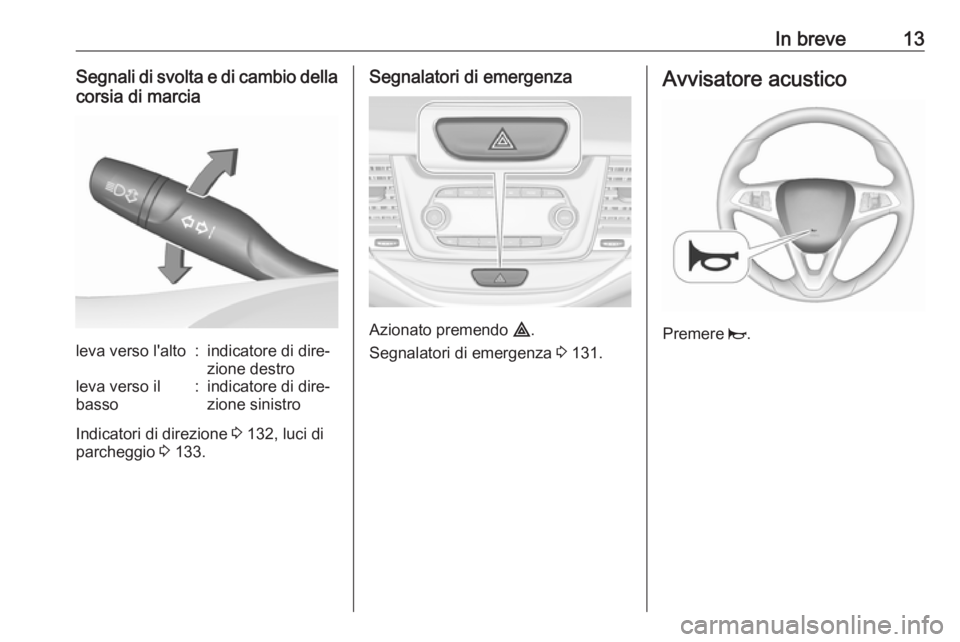 OPEL ASTRA K 2016  Manuale di uso e manutenzione (in Italian) In breve13Segnali di svolta e di cambio dellacorsia di marcialeva verso l'alto:indicatore di dire‐
zione destroleva verso il
basso:indicatore di dire‐
zione sinistro
Indicatori di direzione  3