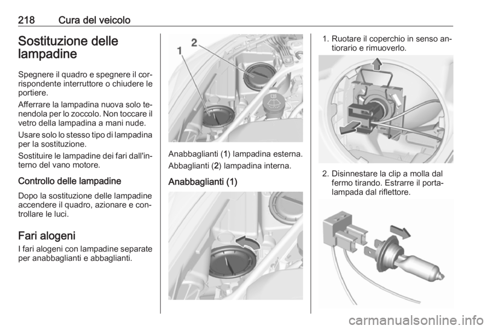 OPEL ASTRA K 2016  Manuale di uso e manutenzione (in Italian) 218Cura del veicoloSostituzione delle
lampadine
Spegnere il quadro e spegnere il cor‐
rispondente interruttore o chiudere le
portiere.
Afferrare la lampadina nuova solo te‐
nendola per lo zoccolo.