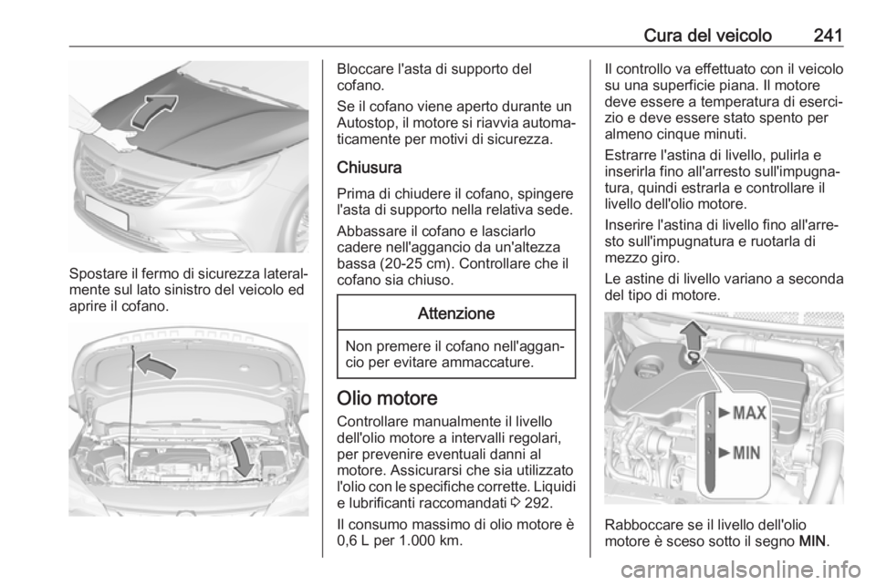 OPEL ASTRA K 2017  Manuale di uso e manutenzione (in Italian) Cura del veicolo241
Spostare il fermo di sicurezza lateral‐mente sul lato sinistro del veicolo ed
aprire il cofano.
Bloccare l'asta di supporto del
cofano.
Se il cofano viene aperto durante un A