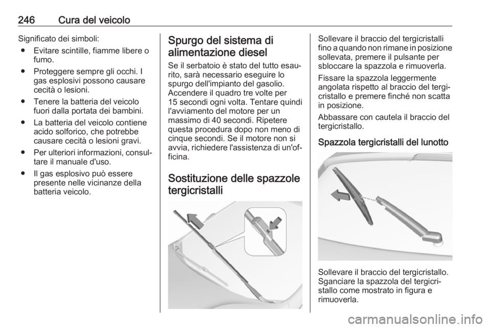 OPEL ASTRA K 2017  Manuale di uso e manutenzione (in Italian) 246Cura del veicoloSignificato dei simboli:● Evitare scintille, fiamme libere o fumo.
● Proteggere sempre gli occhi. I gas esplosivi possono causare
cecità o lesioni.
● Tenere la batteria del v