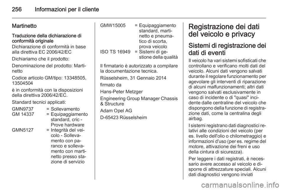 OPEL CASCADA 2015  Manuale di uso e manutenzione (in Italian) 256Informazioni per il cliente
Martinetto
Traduzione della dichiarazione di
conformità originale
Dichiarazione di conformità in base
alla direttiva EC 2006/42/EC
Dichiariamo che il prodotto:
Denomin