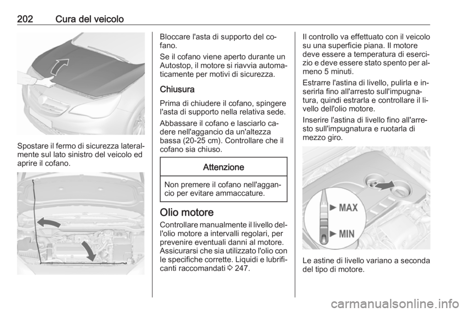 OPEL CASCADA 2016  Manuale di uso e manutenzione (in Italian) 202Cura del veicolo
Spostare il fermo di sicurezza lateral‐mente sul lato sinistro del veicolo ed
aprire il cofano.
Bloccare l'asta di supporto del co‐
fano.
Se il cofano viene aperto durante 