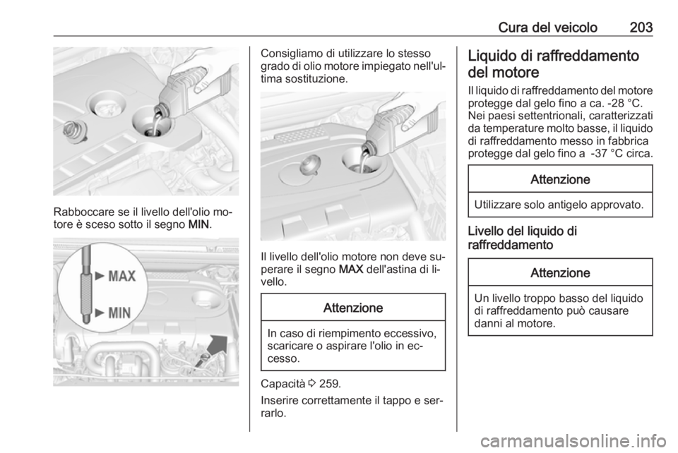 OPEL CASCADA 2016  Manuale di uso e manutenzione (in Italian) Cura del veicolo203
Rabboccare se il livello dell'olio mo‐
tore è sceso sotto il segno  MIN.
Consigliamo di utilizzare lo stesso
grado di olio motore impiegato nell'ul‐ tima sostituzione.