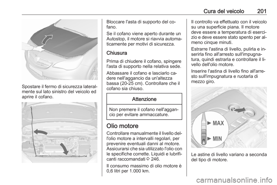 OPEL CASCADA 2016.5 Manuale di uso e manutenzione (in Italian) Cura del veicolo201
Spostare il fermo di sicurezza lateral‐mente sul lato sinistro del veicolo ed
aprire il cofano.
Bloccare l'asta di supporto del co‐
fano.
Se il cofano viene aperto durante OPEL CASCADA 2016.5 Manuale di uso e manutenzione (in Italian) Cura del veicolo201
Spostare il fermo di sicurezza lateral‐mente sul lato sinistro del veicolo ed
aprire il cofano.
Bloccare l'asta di supporto del co‐
fano.
Se il cofano viene aperto durante