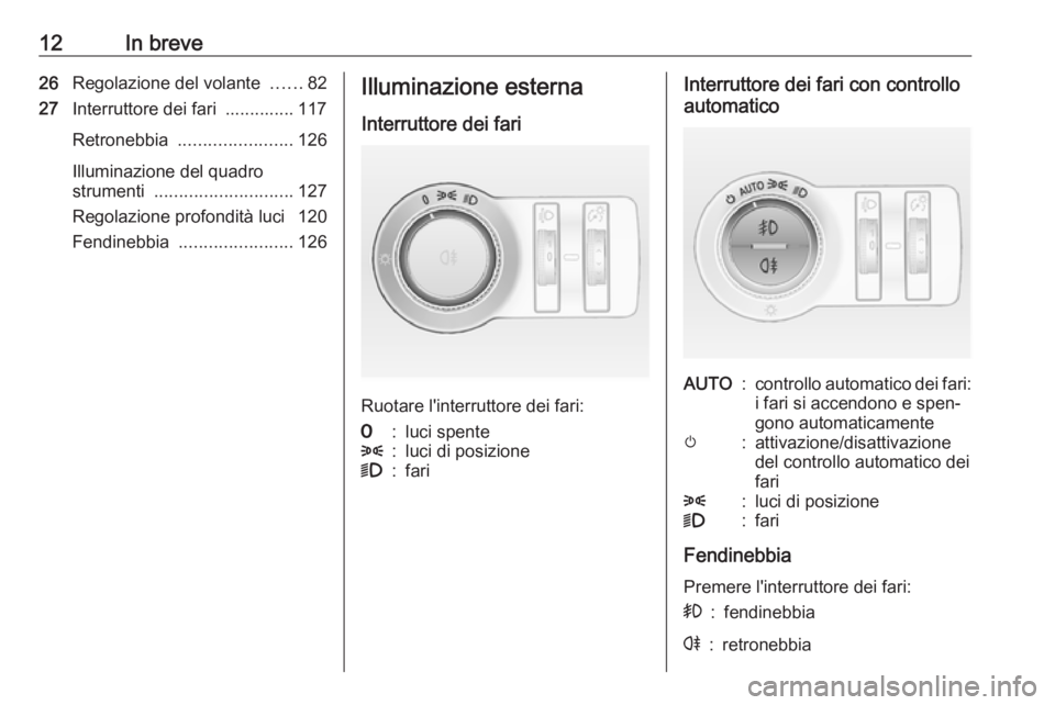 OPEL CASCADA 2018  Manuale di uso e manutenzione (in Italian) 12In breve26Regolazione del volante  ......82
27 Interruttore dei fari  .............. 117
Retronebbia  ....................... 126
Illuminazione del quadro
strumenti  ............................ 127