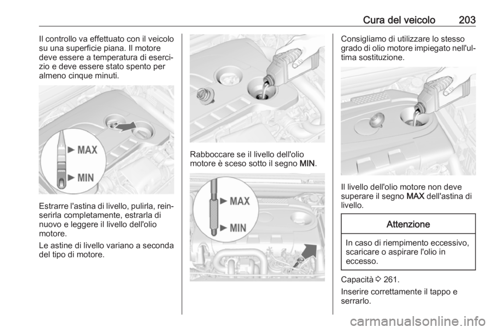 OPEL CASCADA 2018  Manuale di uso e manutenzione (in Italian) Cura del veicolo203Il controllo va effettuato con il veicolo
su una superficie piana. Il motore
deve essere a temperatura di eserci‐
zio e deve essere stato spento per
almeno cinque minuti.
Estrarre