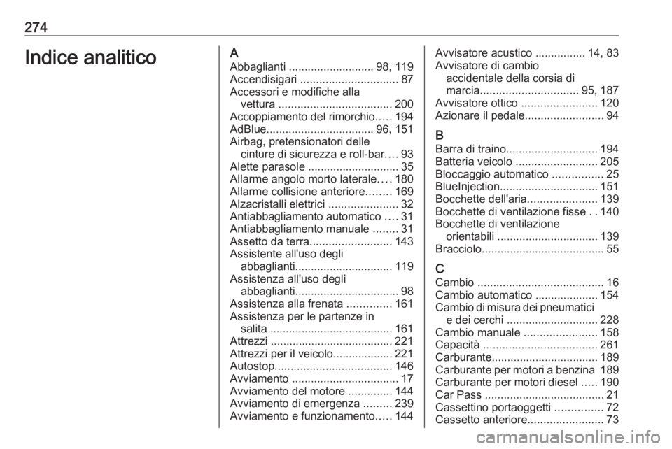 OPEL CASCADA 2018  Manuale di uso e manutenzione (in Italian) 274Indice analiticoAAbbaglianti  ........................... 98, 119
Accendisigari  ............................... 87
Accessori e modifiche alla vettura  .................................... 200
Acco