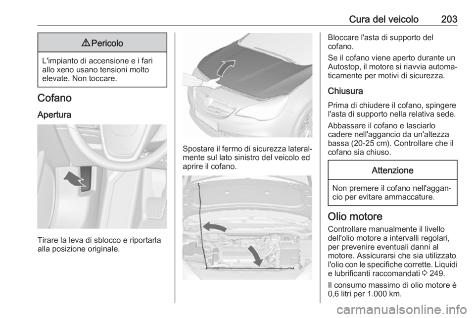 OPEL CASCADA 2018.5 Manuale di uso e manutenzione (in Italian) Cura del veicolo2039Pericolo
L'impianto di accensione e i fari
allo xeno usano tensioni molto
elevate. Non toccare.
Cofano
Apertura
Tirare la leva di sblocco e riportarla
alla posizione originale. OPEL CASCADA 2018.5 Manuale di uso e manutenzione (in Italian) Cura del veicolo2039Pericolo
L'impianto di accensione e i fari
allo xeno usano tensioni molto
elevate. Non toccare.
Cofano
Apertura
Tirare la leva di sblocco e riportarla
alla posizione originale.
