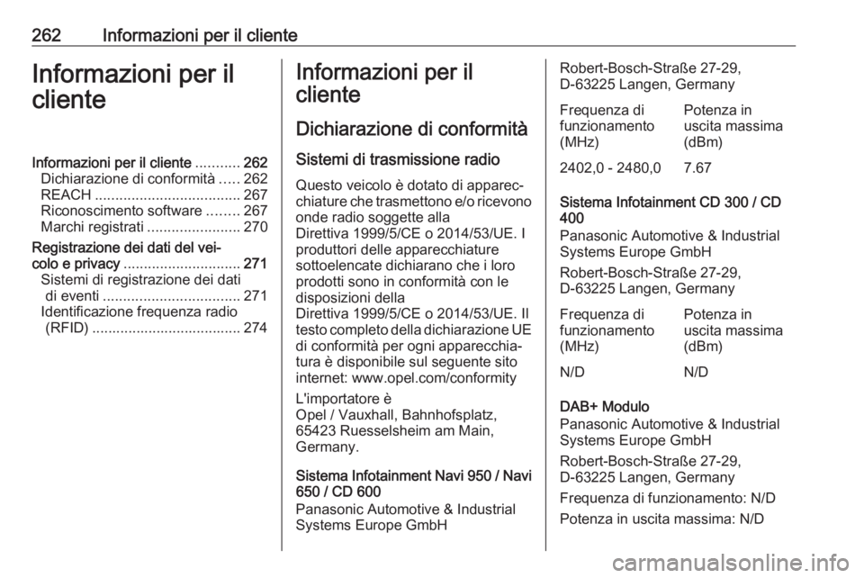 OPEL CASCADA 2018.5 Manuale di uso e manutenzione (in Italian) 262Informazioni per il clienteInformazioni per il
clienteInformazioni per il cliente ...........262
Dichiarazione di conformità .....262
REACH .................................... 267
Riconoscimento OPEL CASCADA 2018.5 Manuale di uso e manutenzione (in Italian) 262Informazioni per il clienteInformazioni per il
clienteInformazioni per il cliente ...........262
Dichiarazione di conformità .....262
REACH .................................... 267
Riconoscimento
