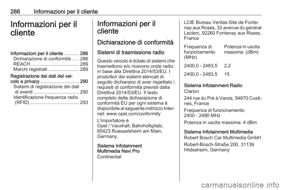 OPEL COMBO E 2019.75  Manuale di uso e manutenzione (in Italian) 286Informazioni per il clienteInformazioni per il
clienteInformazioni per il cliente ...........286
Dichiarazione di conformità .....286
REACH .................................... 289
Marchi registra