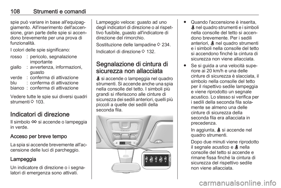 OPEL COMBO E 2020  Manuale di uso e manutenzione (in Italian) 108Strumenti e comandispie può variare in base all'equipag‐
giamento. All'inserimento dell'accen‐
sione, gran parte delle spie si accen‐
dono brevemente per una prova di
funzionalit