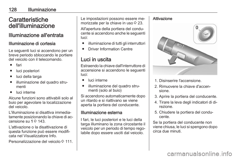 OPEL CORSA 2016.5 Manuale di uso e manutenzione (in Italian) 128IlluminazioneCaratteristiche
dell'illuminazione
Illuminazione all'entrataIlluminazione di cortesia
Le seguenti luci si accendono per un
breve periodo sbloccando le portiere
del veicolo con OPEL CORSA 2016.5 Manuale di uso e manutenzione (in Italian) 128IlluminazioneCaratteristiche
dell'illuminazione
Illuminazione all'entrataIlluminazione di cortesia
Le seguenti luci si accendono per un
breve periodo sbloccando le portiere
del veicolo con