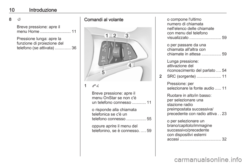 OPEL CORSA E 2017.5 Manuale del sistema Infotainment (in Italian) 10Introduzione8;
Breve pressione: apre il
menu Home .......................... 11
Pressione lunga: apre la
funzione di proiezione del
telefono (se attivata) .............36Comandi al volante
1qw
Breve OPEL CORSA E 2017.5 Manuale del sistema Infotainment (in Italian) 10Introduzione8;
Breve pressione: apre il
menu Home .......................... 11
Pressione lunga: apre la
funzione di proiezione del
telefono (se attivata) .............36Comandi al volante
1qw
Breve